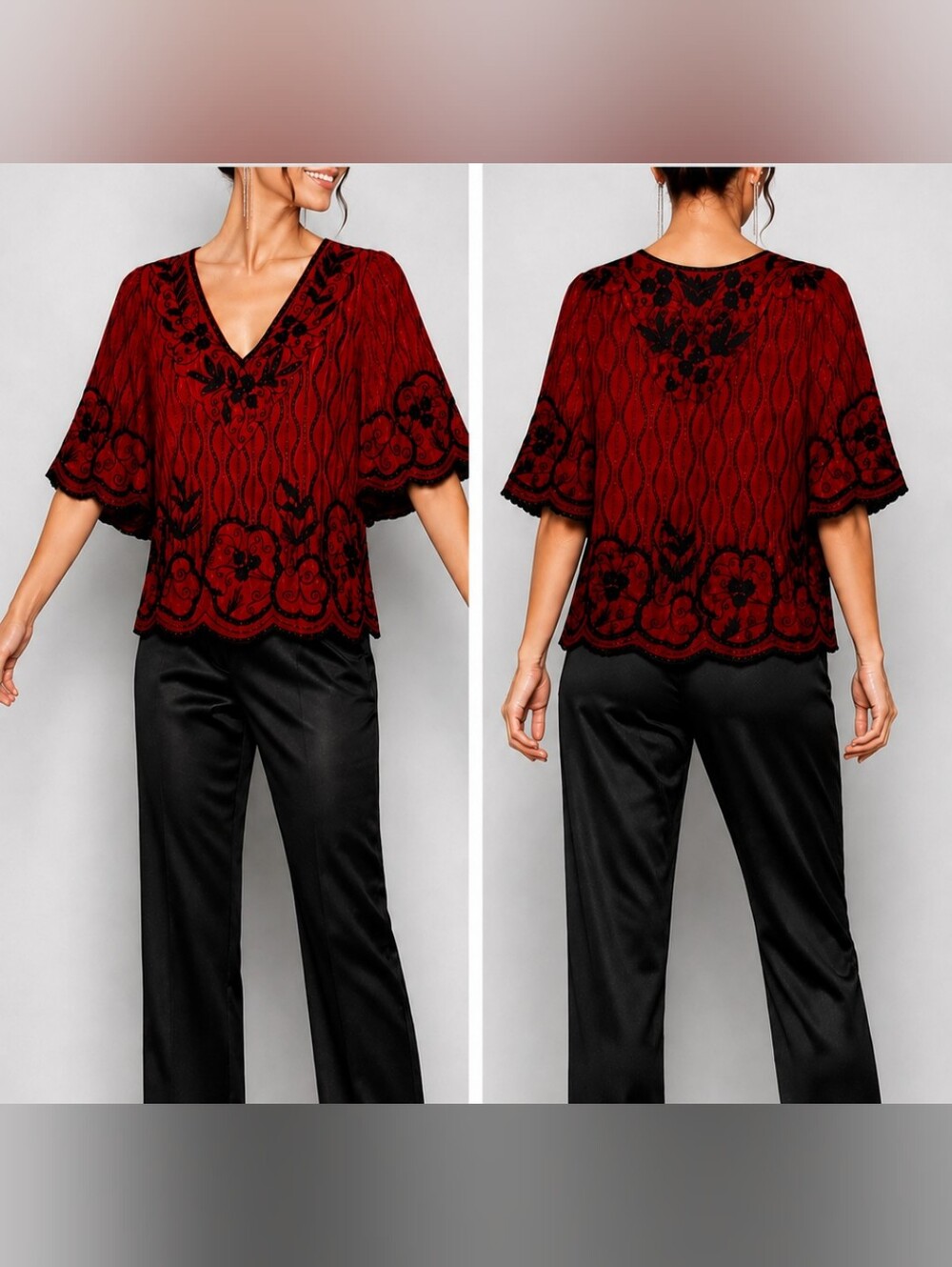 Judith Ann Silk Beaded Embroidered Red Black Blouse Top Vintage Women Size Large